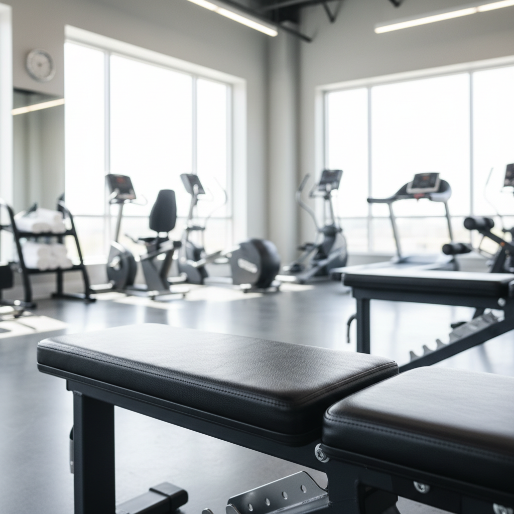 Schone sportschoolapparatuur met donkere lederen bekleding, zonder vuil of zweetvlekken.