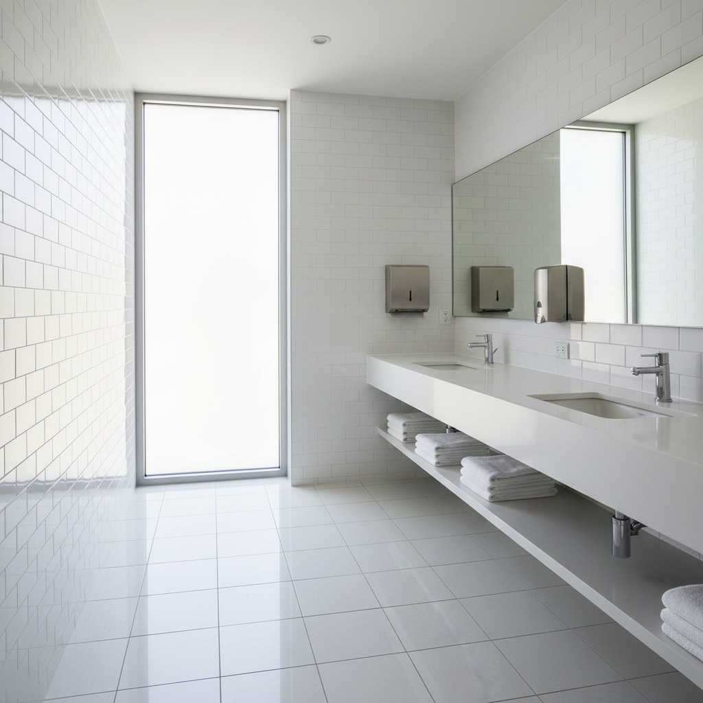 Sprankelend schone commerciële badkamer met witte tegels en een moderne wastafel, zacht verlicht.