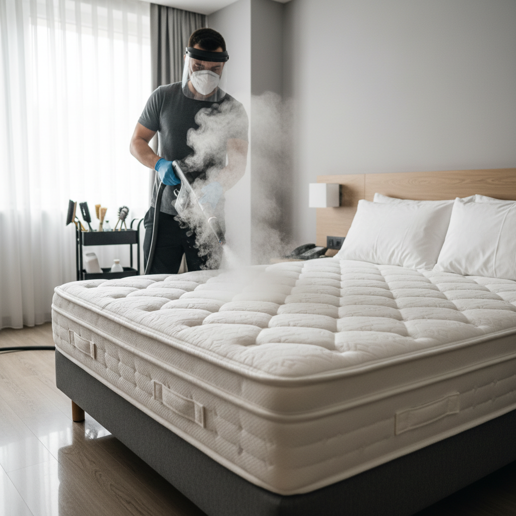 Professionele schoonmaker gebruikt stoomreiniger op hotelmatras, lichte en schone omgeving.