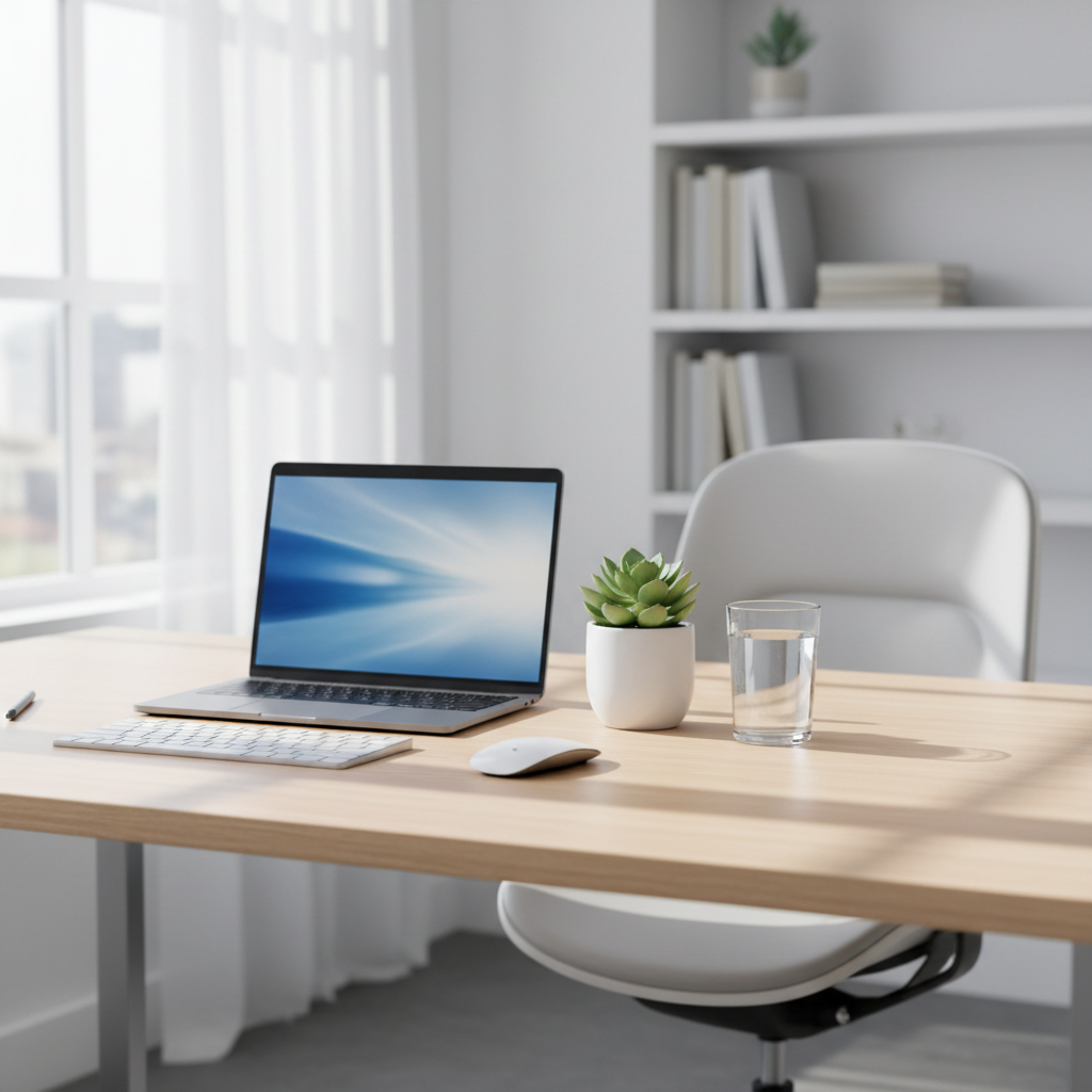 Schoon bureau met laptop, plant en een glas water, symboliseert een gezonde werkomgeving.