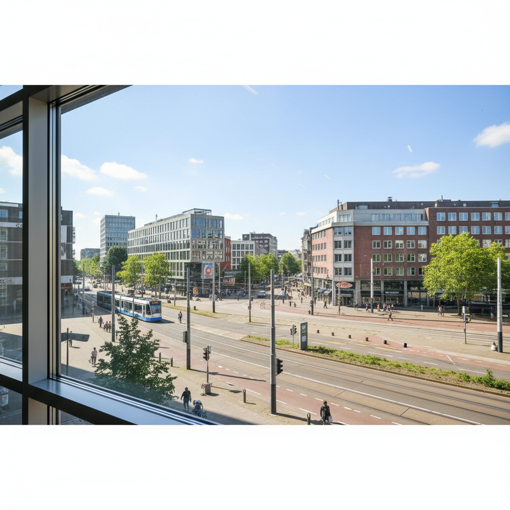 Sprankelend schoon bedrijfsraam, helder uitzicht op een stadsstraat in Eindhoven, helder daglicht, zonder strepen of vlekken.