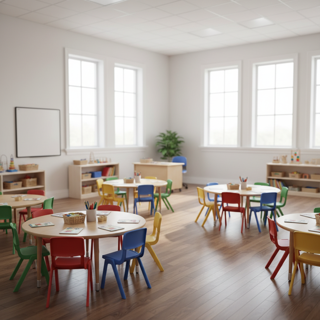 Licht, schoon klaslokaal met kleurrijke stoelen en tafels, geen kinderen aanwezig, zonlicht stroomt naar binnen.