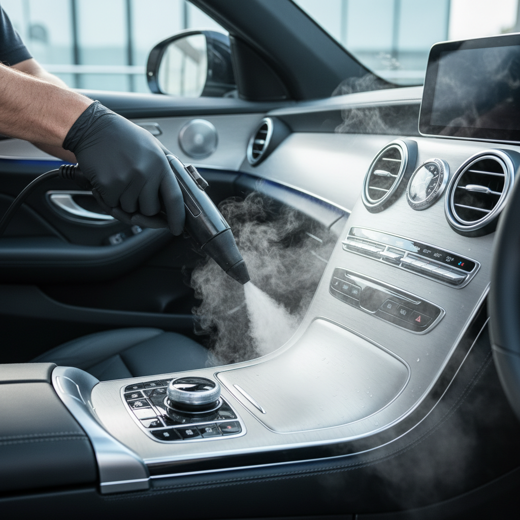 Professionele schoonmaker die een stoomreiniger gebruikt in een auto, dashboard scherp in beeld, met stoom zichtbaar.