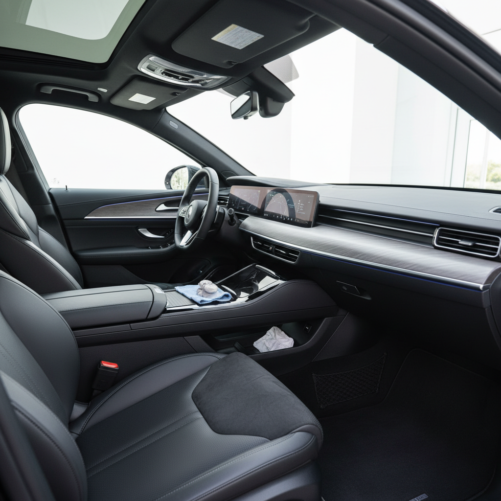 Schoon auto-interieur, glanzend dashboard en stoelen, professionele detailreiniging