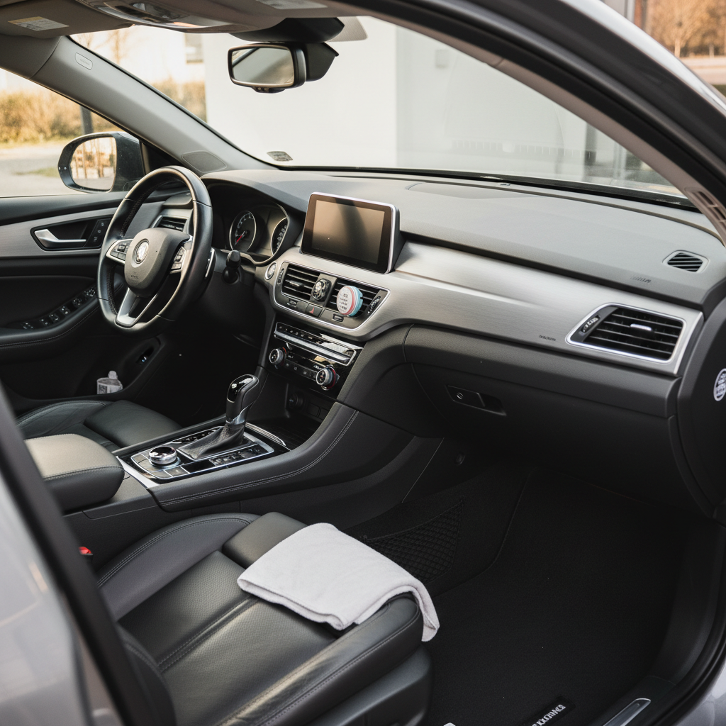 Schoon en opgeruimd auto-interieur, close-up van een dashboard, stuur en stoelen, wat een nieuw gedetailleerd voertuig suggereert.