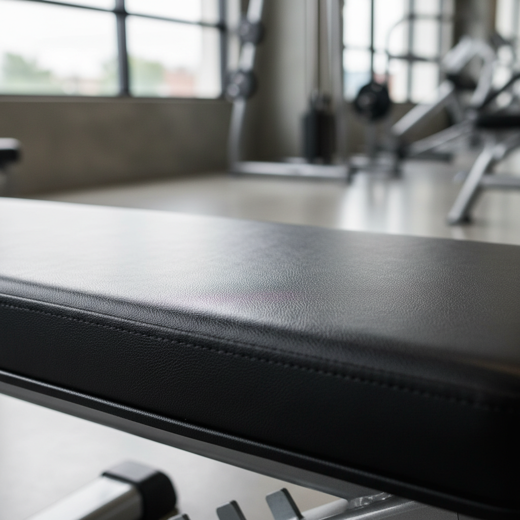 Close-up van schone zwarte vinyl bekleding van een fitnessbank met lichtreflectie