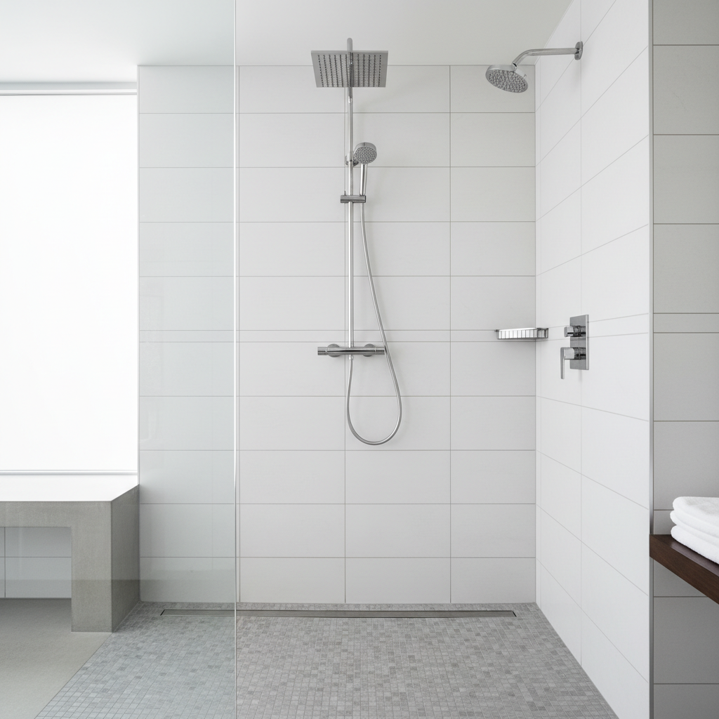 Sprankelend schone douchecabine in een kleedkamer van een sportschool, roestvrij staal en witte tegels, geen zichtbare chemicaliën of resten