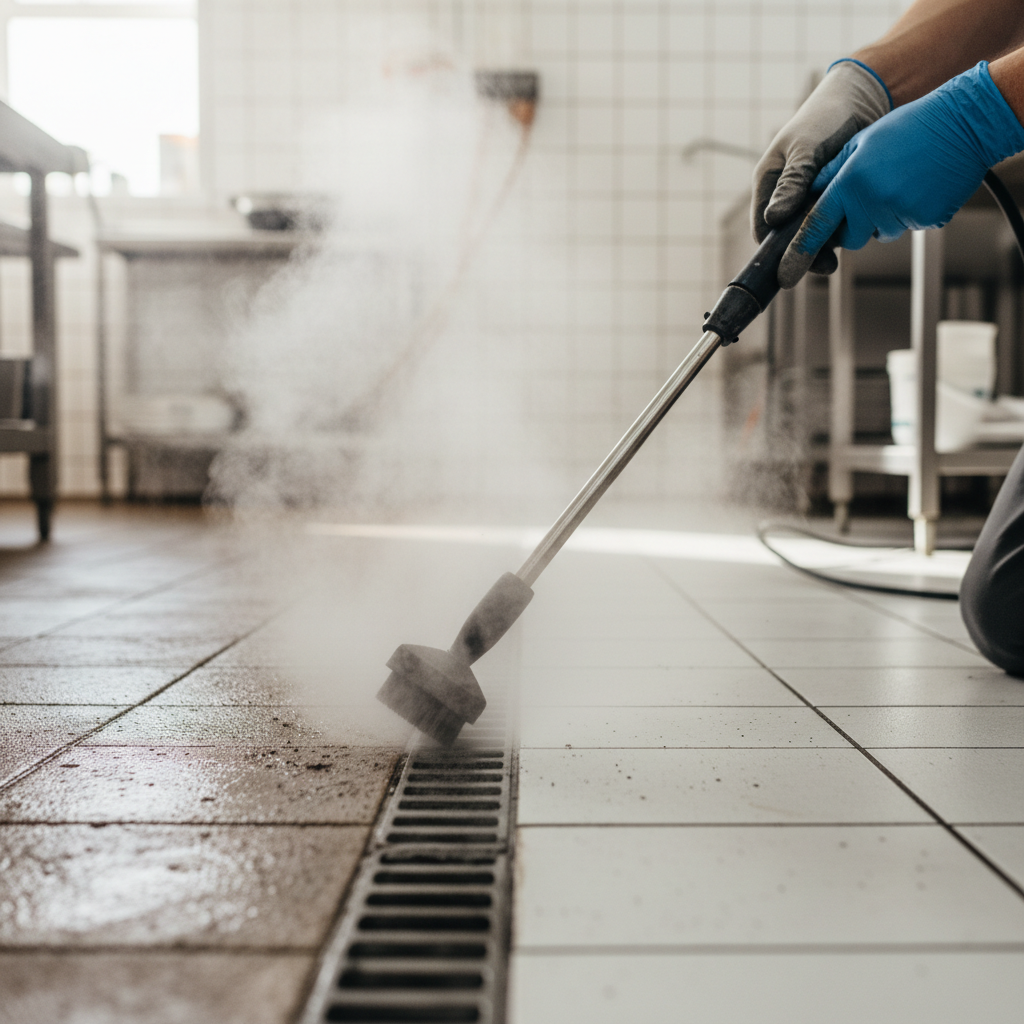 Professionele schoonmaker reinigt vieze voegen in een commerciële keukenvloer met stoom, met duidelijk voor en na verschil.