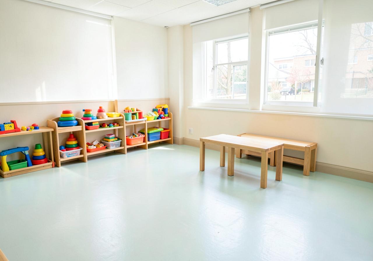 Licht, leeg speellokaal van een kinderdagverblijf met een pas gereinigde vloer