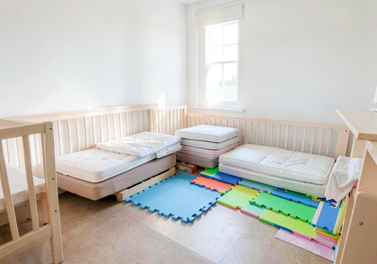 Slaapruimte van een kinderdagverblijf met kleine matrassen en opgestapelde speelmatten