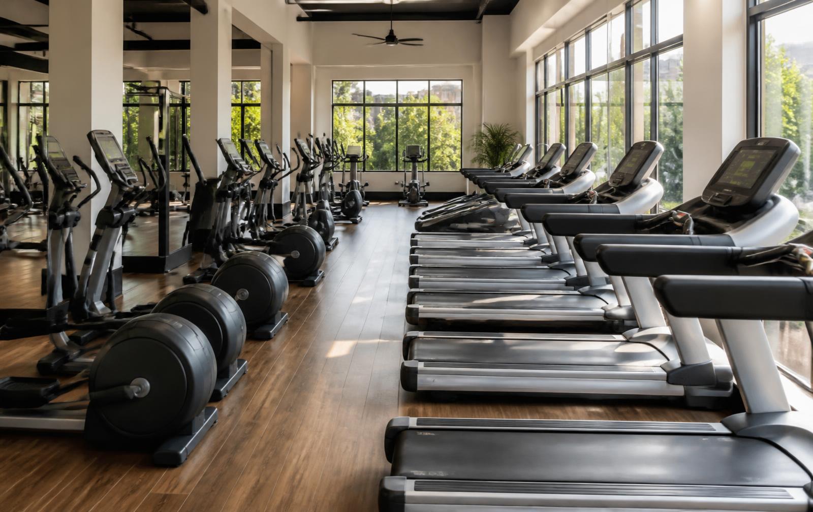 Rij schone cardioapparaten in een lichte sportschool