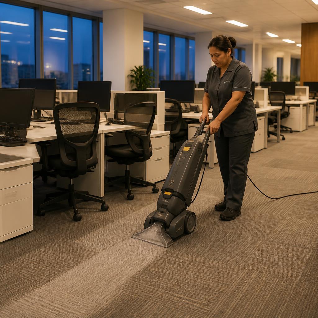 Schoon modern kantoor met stoomreiniger bij bureaus en glazen wanden